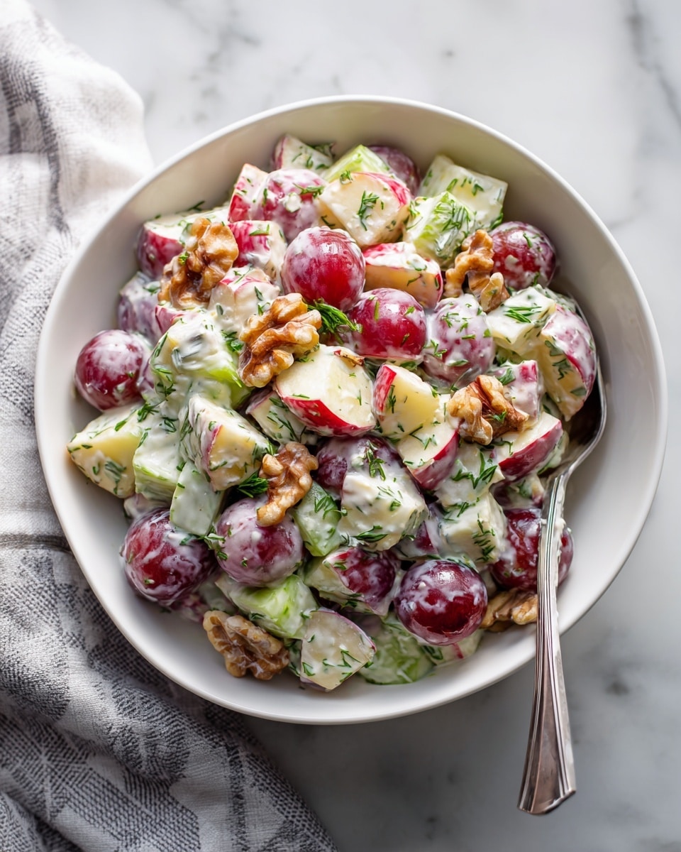 A white bowl holds a mixed salad with three main layers: large chunks of pale yellow apple pieces with red skin edges, halved dark red grapes showing shiny textures, and bright green chopped celery pieces. They are all coated in creamy white dressing and mixed with small brown walnut pieces and specks of green fresh herbs sprinkled throughout. A silver spoon rests on the right inside edge of the bowl. The bowl sits on a white marbled surface with a grey and white checkered cloth on the upper left side. photo taken with an iphone --ar 4:5 --v 7