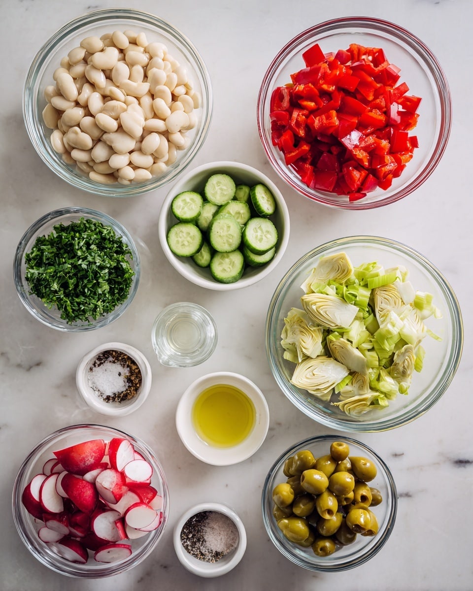 The image shows several clear glass bowls and two white bowls arranged on a white marbled surface, each bowl containing different chopped ingredients. Starting from the top left, there is a large bowl of white beans with a smooth texture, next to it on the right is a smaller bowl filled with diced red bell peppers. To the right of that, a similarly sized bowl contains sliced cucumber pieces with dark green skin and pale green inside. Below the beans, there is a bowl with chopped pale green artichoke hearts, and next to that is a white bowl filled with finely chopped dark green parsley leaves. To the right of the parsley is a small glass container of clear liquid and next to it a small white bowl with pale yellow olive oil. Nearby, a bowl contains salt and pepper mix. At the bottom row, from left to right, there is a bowl of thinly sliced radishes with white and red colors, then a bowl of green sliced olives and a bowl with halved cherry tomatoes in bright red color. All bowls are organized neatly on the surface with a clean and bright look. Photo taken with an iphone --ar 4:5 --v 7