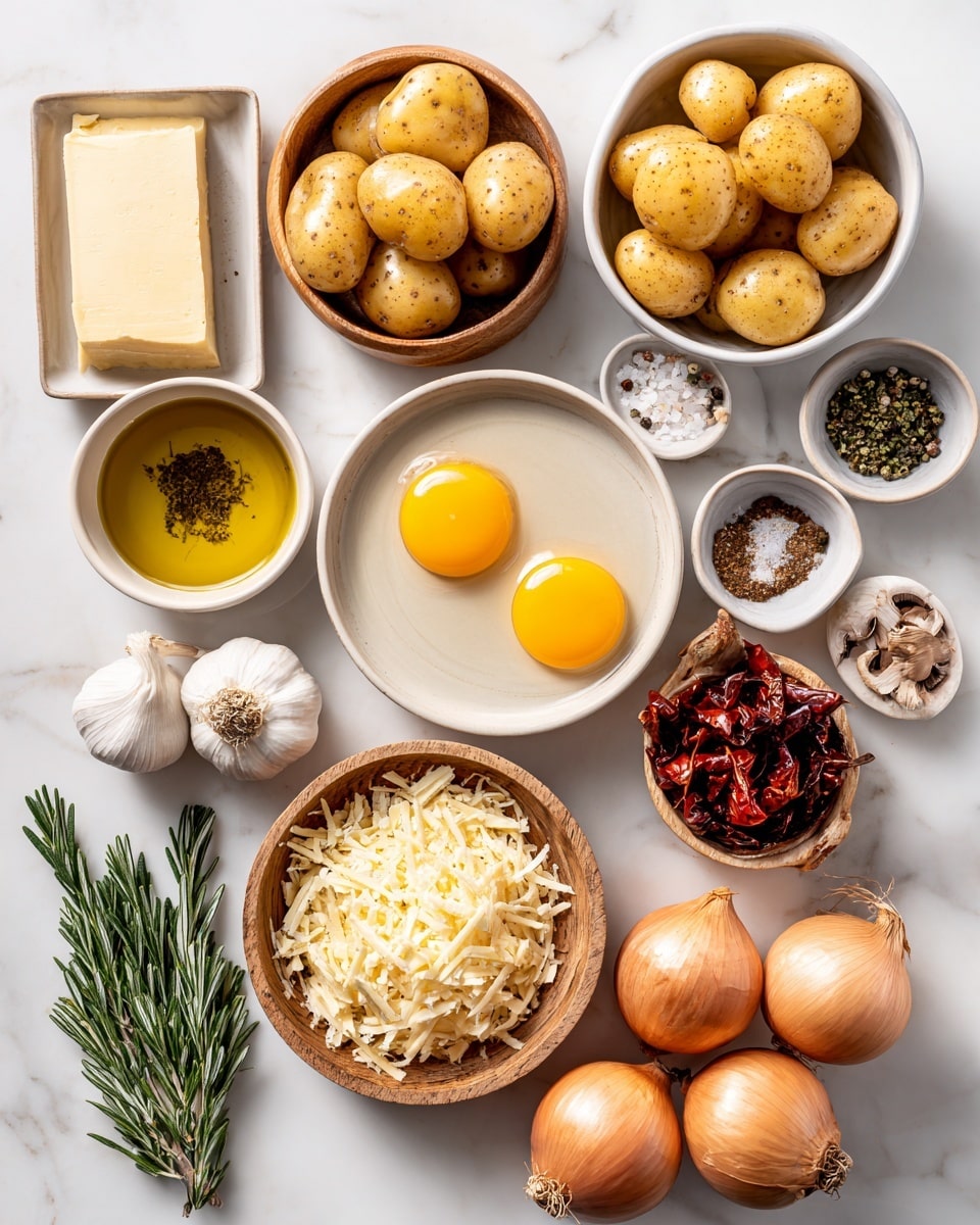 The image shows various cooking ingredients arranged neatly on a white marbled surface. There are small white bowls and wooden bowls containing several small yellow potatoes in two separate groups, in the center and to the right side. Near the top center, there is a bowl with two raw eggs with bright yellow yolks and clear whites. A small white bowl with dried red chili peppers is toward the top right, next to another small bowl containing mixed spices, including black pepper, white powders, and dried herbs. Sprigs of fresh green rosemary lie on a small white rectangular dish on the left side. In the bottom left, there is a small white bowl with olive oil, a cluster of garlic bulbs, and a beige plate holding a block of butter. A round bowl filled with shredded cheese is centrally placed near the butter. Near the middle left, a small wooden bowl holds dried mushrooms and red chili flakes. Four whole onions with golden brown skin sit stacked together on the bottom right. The overall setup is clean and well-organized, with natural lighting highlighting the textures and colors of each ingredient. Photo taken with an iphone --ar 4:5 --v 7