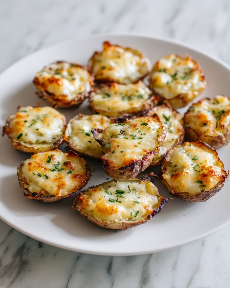 A white plate holds about a dozen potato halves arranged in layers, each potato with rough brown skin on the bottom and a golden, bubbly cheese layer on top. The cheese is slightly browned in spots and sprinkled with bright green chopped herbs. The plate sits on a white marbled surface, adding a clean and simple background to the warm, crispy potatoes. photo taken with an iphone --ar 4:5 --v 7