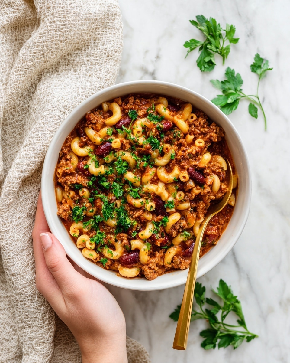 A white bowl filled with three layers: a bottom layer of thick red tomato sauce mixed with browned meat and dark red kidney beans, a middle layer of small elbow macaroni coated in the sauce, and a top layer of scattered fresh green parsley leaves. A golden spoon is inserted on the right side, and a woman's hand is holding the bowl on the left side. The bowl is placed on a white marbled surface with some parsley sprigs nearby. Photo taken with an iphone --ar 4:5 --v 7