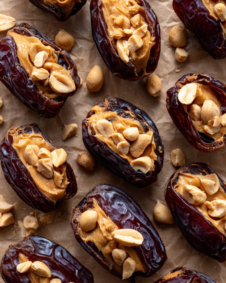 The image shows a close-up of nine dark brown dates arranged in three rows on light brown parchment paper. Each date is sliced open at the center and filled with a creamy light tan peanut butter layer, topped with chunky pieces of light beige peanuts. The textures show the wrinkled shiny surface of the dates, the smooth creamy peanut butter, and the rough, uneven peanut chunks scattered around some of the dates and on the parchment paper. photo taken with an iphone --ar 4:5 --v 7