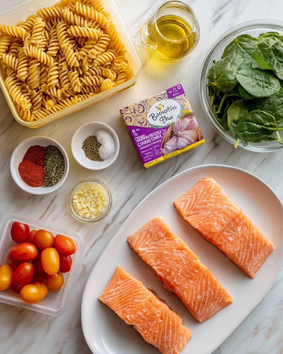 The image shows ingredients arranged on a white marbled surface. On the left side, there is a yellow box of Barilla Protein+ Rotini pasta with a clear window showing spiral pasta inside. Above it is a small white bowl with four spices: red paprika, dried green herbs, white salt, and black pepper. Next to it is a small glass container with light yellow grated garlic. In the center near the top is a square package of Boursin Shallot & Chive soft cheese with purple and white packaging. To the right of the cheese is a small clear glass jug containing golden olive oil. Above that is a white plastic container with fresh green spinach leaves. On the bottom right side, a white oval plate holds five thick fillets of raw salmon, showing their bright orange color with pinkish fat lines and gray skin edges. At the bottom left corner, clear plastic containers hold red and orange cherry tomatoes. Photo taken with an iphone --ar 4:5 --v 7