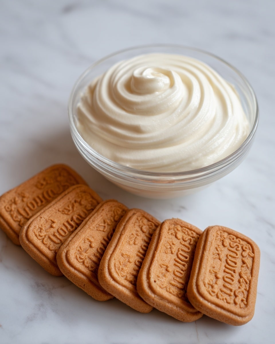 The image shows a small clear glass bowl filled with smooth, creamy white vanilla Greek yogurt with soft swirls on top. Next to the bowl is a neat row of seven rectangular Biscoff cookies in a warm, light brown color, each cookie showing a ridged edge and the word