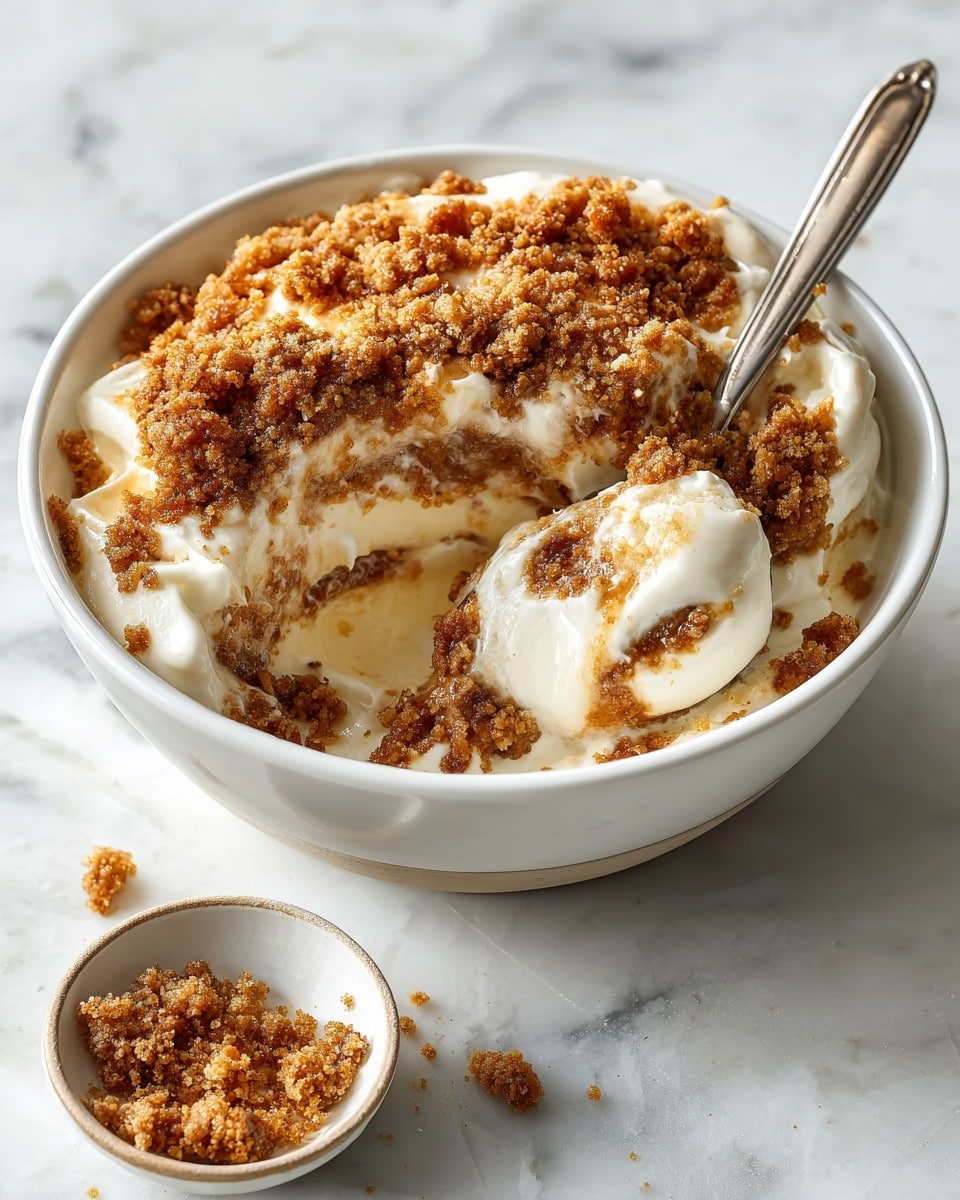 A white bowl with a crumbly brown topping partly scraped to show layers of creamy white filling underneath. A spoon is inside the bowl, resting on the side near the scraped area. The bowl is on a white marbled surface with some crumbs scattered around. Photo taken with an iphone --ar 4:5 --v 7