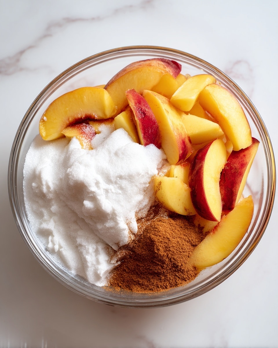 A clear glass bowl sits on a white marbled surface, filled with slices of yellow and red-skinned peaches arranged loosely in the bottom. On top of the peach slices, there is a large heap of white granulated sugar covering most of the fruit. Next to the sugar, there are two small piles: one of fine cinnamon powder in a warm brown color, and another of white flour with a slightly rough texture. The layers of peach slices, sugar, cinnamon, and flour are clearly visible from above in the bowl. photo taken with an iphone --ar 4:5 --v 7