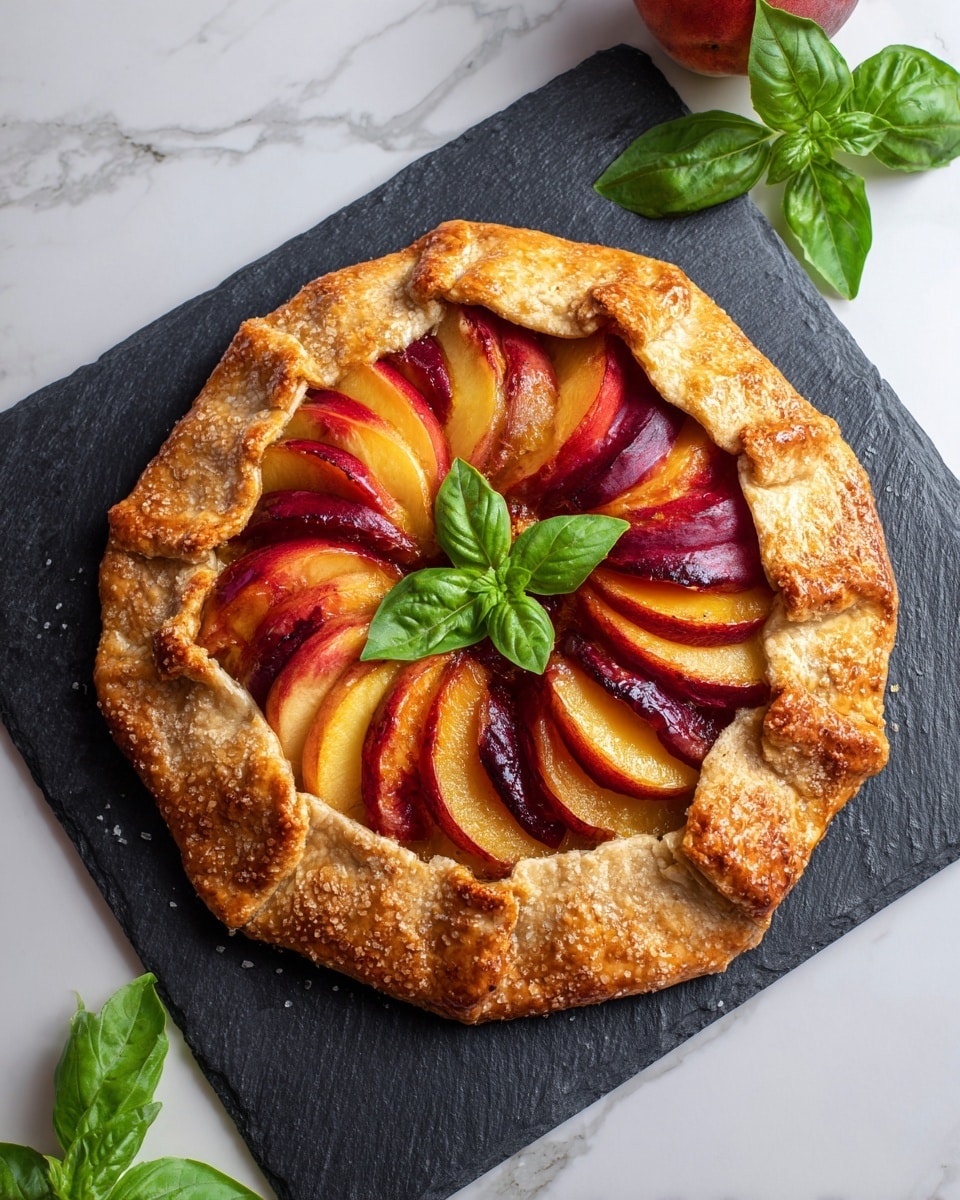A round fruit galette with golden-brown, flaky crust folded unevenly over the edges, revealing neatly arranged thin slices of yellow and red peaches in a circular pattern at the center; the fruit has a shiny texture as if glazed, and a small green basil leaf sits in the middle on top. The galette is placed on a dark slate board, which rests on a white marbled surface, with a few fresh basil leaves beside it. Photo taken with an iphone --ar 4:5 --v 7