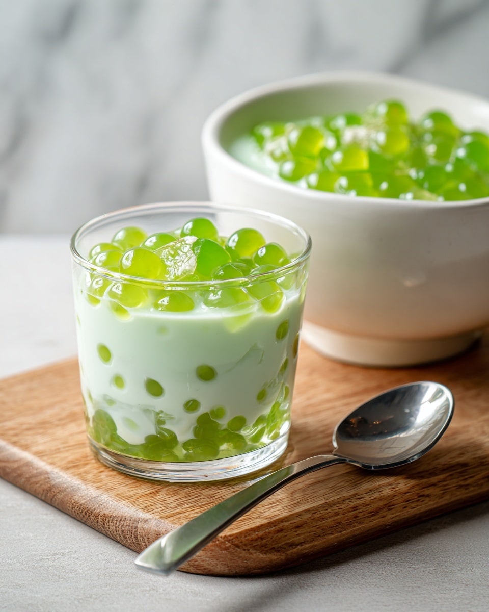 A clear glass cup filled with a creamy pale yellow liquid that has small translucent white pearls scattered throughout; within the liquid, large bright green jelly-like pieces are visible, adding vibrant contrast. A silver spoon is placed inside the cup, slightly angled. Behind the cup, there is a large clear glass bowl containing the same mixture with the same pale yellow creamy liquid, translucent pearls, and bright green jelly pieces. The cup and bowl are placed on a smooth light wooden table against a soft, white marbled surface background. photo taken with an iphone --ar 4:5 --v 7
