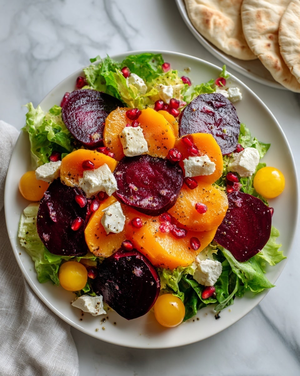 A white plate holds a colorful layered salad starting with fresh green leafy lettuce as the base. On top, there are thick pieces of deep purple beetroot arranged evenly around the plate. Bright orange slices of what looks like persimmon or soft fruit are placed in the center. Soft white cheese chunks are scattered across, adding creamy texture, along with small yellow cherry tomato halves and red pomegranate seeds dotting the edges. The dish is gently dressed with a light drizzle. The plate rests on a white marbled surface with a light gray cloth and flatbread on the side. Photo taken with an iphone --ar 4:5 --v 7