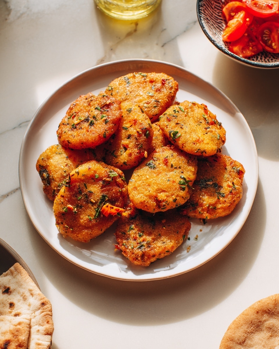 A white plate holds ten golden-brown fried balls, each round and slightly irregular with small green herb bits visible on the surface, giving a fresh touch. The balls have a crispy, textured outer layer with some darker brown spots showing they are well cooked. Surrounding the plate is a white marbled surface with small dishes containing a light brown sauce, a few pieces of bright red roasted tomatoes, and some crispy flatbread partially visible on the sides, adding variety and color contrast. photo taken with an iphone --ar 4:5 --v 7