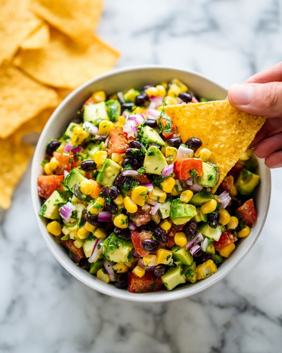 A white bowl filled with a colorful dip made of many chopped layers, including yellow corn, black beans, red tomatoes, green avocado pieces, white onion, and small green herbs, all mixed together. A woman's hand is holding a yellow chip dipping into the bowl. The bowl sits on a white marbled surface with more yellow chips scattered around it. Photo taken with an iphone --ar 4:5 --v 7
