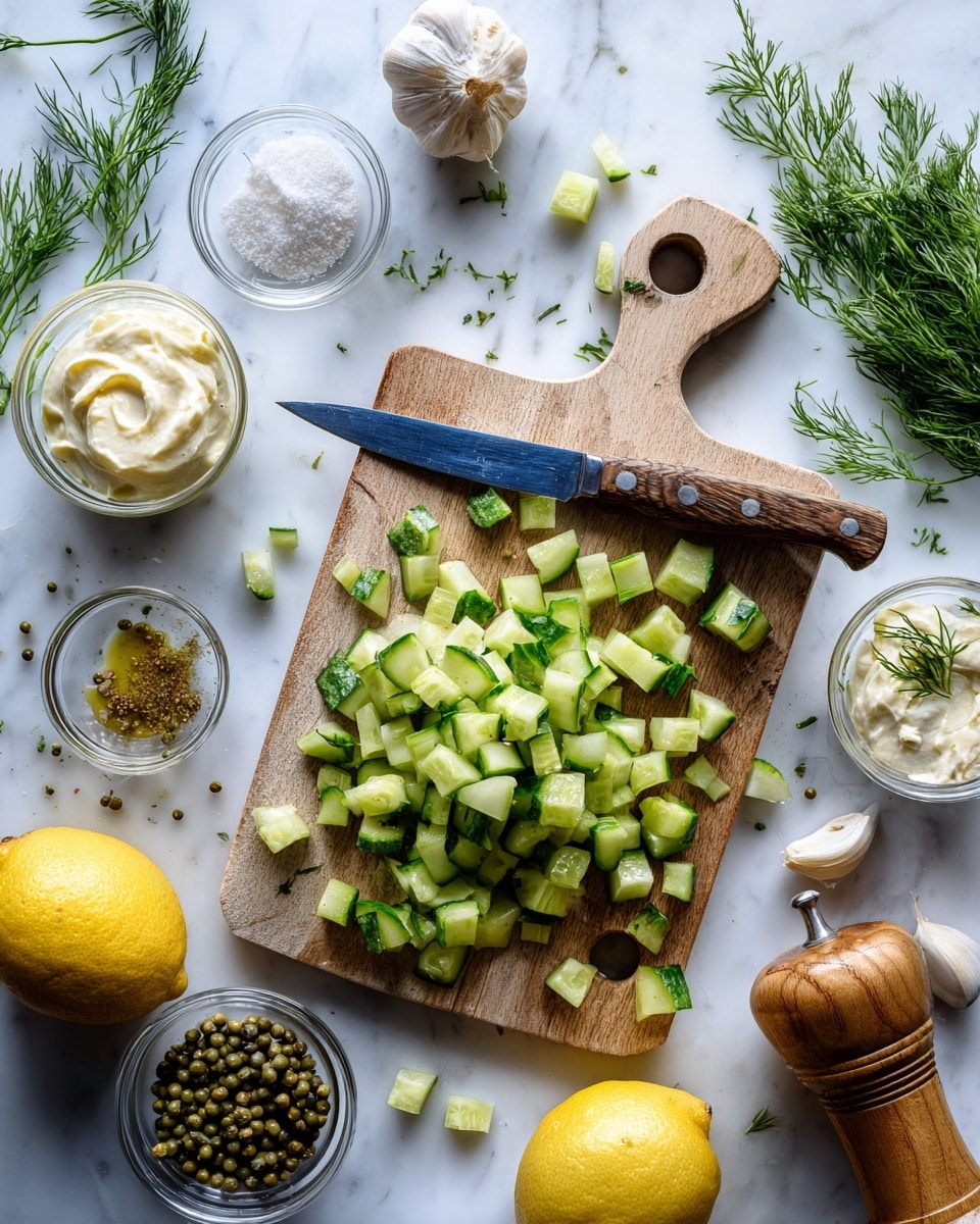The image shows a wooden board on a white marbled surface with a peeled cucumber cut into chunks and small diced pieces scattered around a knife with a brown handle resting on the board. Around the board, there are small clear glass bowls containing sugar, capers, mustard with a blue spoon inside, creamy mayonnaise, and garlic powder. A whole lemon and half a lemon sit near fresh green dill sprigs, a garlic clove, and a wooden pepper grinder, all arranged neatly. The scene is bright and clean, showing fresh ingredients likely for a sauce or dressing, photo taken with an iphone --ar 4:5 --v 7