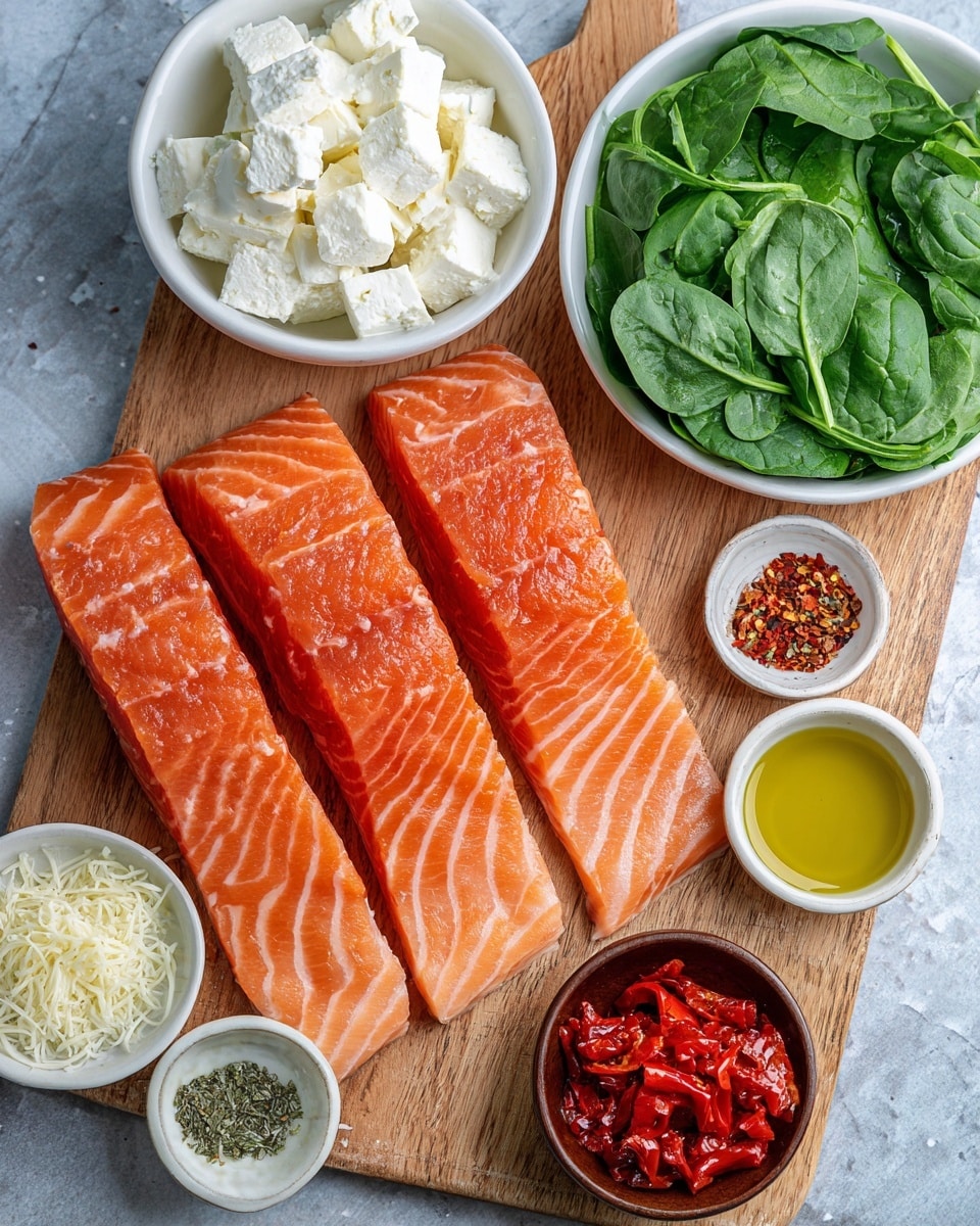 On a wooden board with a white marbled background, there are three large fresh salmon fillets with smooth, shiny orange flesh and white lines on the left side. On the top right, a white bowl filled with fresh green spinach leaves is placed. Below the spinach, a white bowl contains white soft cheese chunks. Next to this, a small white bowl holds light golden olive oil. Near the center bottom, a small dark brown bowl has bright red chopped bell peppers. Above it and slightly to the right, there are two small white bowls; one with a fine red spice mix and the other with dried green herbs. On the bottom left, another white bowl contains finely grated white parmesan cheese. Photo taken with an iphone --ar 4:5 --v 7