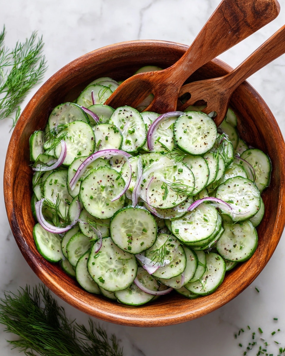 A wooden bowl filled with many thin slices of green cucumber layered evenly at the bottom and middle, mixed with thin strips of purple onion scattered on top, all sprinkled with small green herb pieces. Two wooden salad spoons rest inside the bowl, one in a woman's hand gently holding a few cucumber slices. The bowl sits on a white marbled surface with green herbs placed nearby. photo taken with an iphone --ar 4:5 --v 7