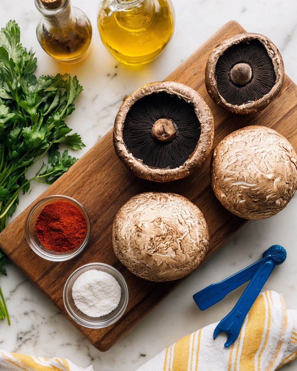 The image shows four large mushrooms on a wooden cutting board placed on a white marbled surface. Two mushrooms display their dark brown gills facing up, while the other two show their light tan, textured tops. On the board near the mushrooms, there are two small clear bowls, one containing a bright red powder and the other a white powder, each with a blue measuring spoon inside. In the top corner, there are two bottles, one with golden olive oil pouring out and the other a dark liquid, along with some fresh green parsley scattered around. A white and yellow striped cloth is partially visible at the corner. photo taken with an iphone --ar 4:5 --v 7