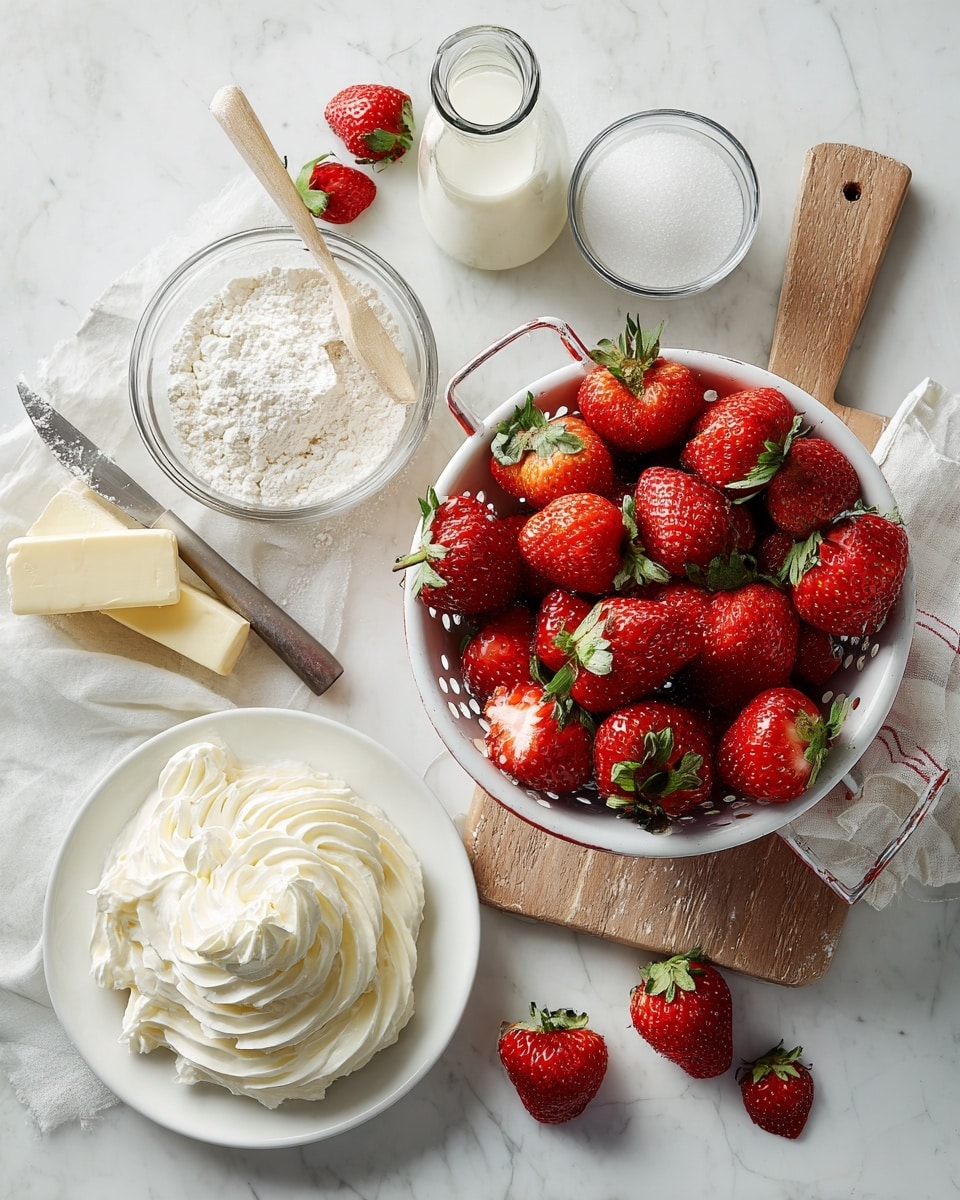 The image shows fresh strawberries in a white colander filled with whole red strawberries with green tops, placed on the right side of a white marbled surface. Below it, a wooden board holds a small knife with a light brown handle and some whole and halved strawberries scattered around. To the left, there is a small clear glass bowl filled with white granulated sugar, a glass bottle with milk, a stick of yellow butter, and a large clear bowl filled with flour with a white measuring cup inside. In the lower left corner, a white plate holds a large swirl of whipped cream. Photo taken with an iphone --ar 4:5 --v 7