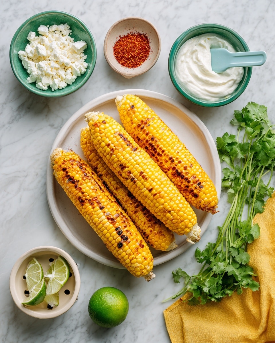The image shows four grilled corn ears placed side by side on a white plate with a few char marks on the yellow kernels. Above the plate, there is a green bowl with white creamy sauce and a light blue spatula resting inside it. To the left, a smaller green bowl holds white crumbly cheese, and above it, a small white bowl contains a paprika-like red powder. Below the bowls, a lime is halved with one half near a white citrus juicer holding some lime slices, and the other half rests on the marbled surface alongside a bunch of fresh green cilantro. In the top right corner, a yellow cloth adds a pop of color to the white marbled background photo taken with an iphone --ar 4:5 --v 7
