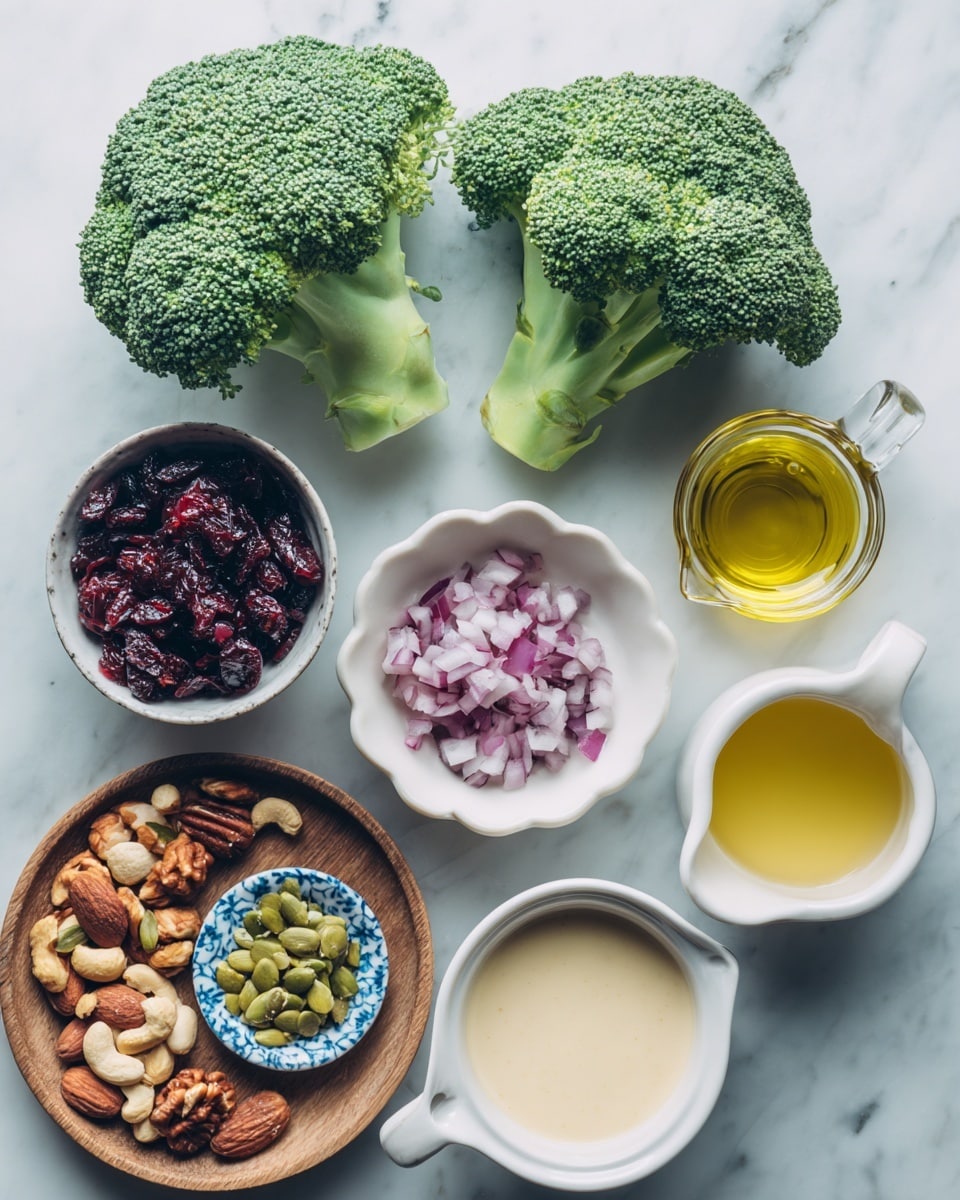 The image shows fresh broccoli with two large green florets placed near the top center on a white marbled surface. Below them, there are several small white bowls with ingredients arranged neatly: a bowl with dark red dried cranberries on the left, a scalloped bowl with chopped purple-red onions in the middle, and a glass cup with light yellow oil to the right. Below these, there is a white cup with golden-brown liquid, a tiny white bowl with light beige creamy sauce, a white scalloped bowl with light yellow thick sauce, and a small blue patterned bowl with a brown liquid. On the bottom left, there is a round wooden plate filled with mixed nuts and seeds, including almonds and pumpkin seeds. Photo taken with an iphone --ar 4:5 --v 7