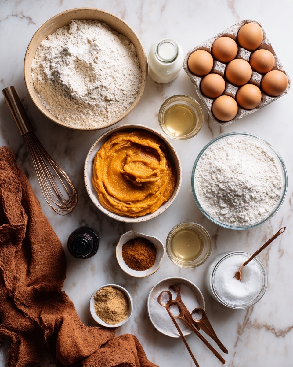 The image shows a white marbled surface with various baking ingredients arranged neatly. There is a clear glass jar filled with rolled oats and a wooden scoop inside it, placed near the top left. Next to it, on the right, a small white bowl holds two brown eggs. Below the oats jar, a white scalloped bowl is filled with dark raisins, while next to it on the right, a white bowl contains white flour with a small heap of cinnamon and baking powder on top, with a light wooden spoon resting inside. Below, a small white mug with a light blue handle holds chopped walnuts. There is also a white bowl filled with brown sugar, and finally, a clear glass with a transparent liquid, likely oil, sitting on the bottom right. Near the eggs, a small dark brown bottle and its gold cap are also visible. photo taken with an iphone --ar 4:5 --v 7