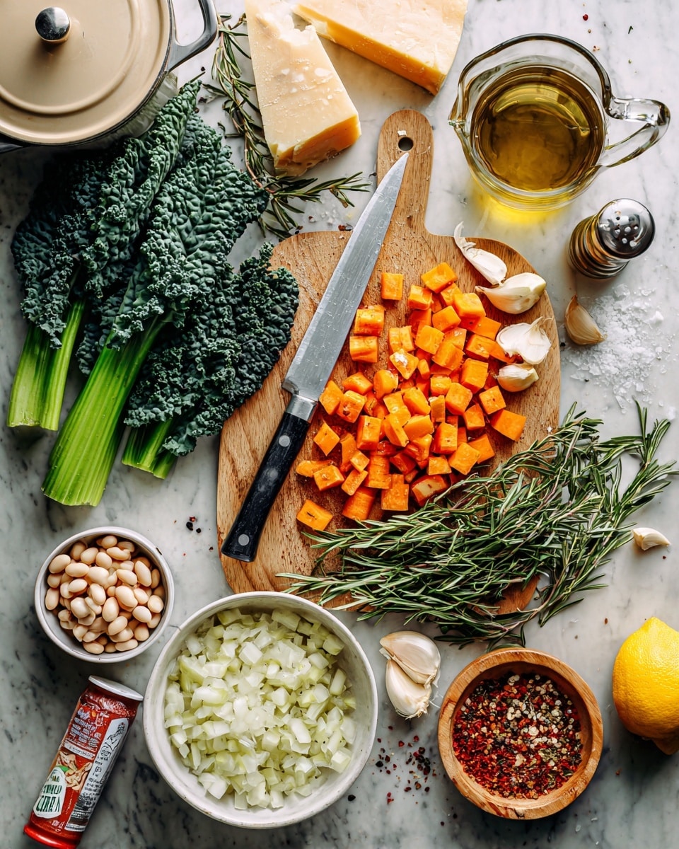 The image shows an arrangement of fresh ingredients on a white marbled surface. There are two long purple eggplants placed diagonally on a wooden board, next to a large piece of ginger root and a small bowl of light brown paste with a wooden spoon. A bunch of fresh green cilantro lies near a dark bottle of soy sauce. A bunch of small red chili peppers rests beside a bright red bell pepper. Nearby are two lime halves and one whole lime, along with a white bowl filled with green snap peas. A block of tofu with pink and white packaging is positioned near the bottom, next to a clear glass pitcher filled with water, and some green fresh basil leaves. A green and white kitchen towel is partially visible at the top right. Photo taken with an iphone --ar 4:5 --v 7