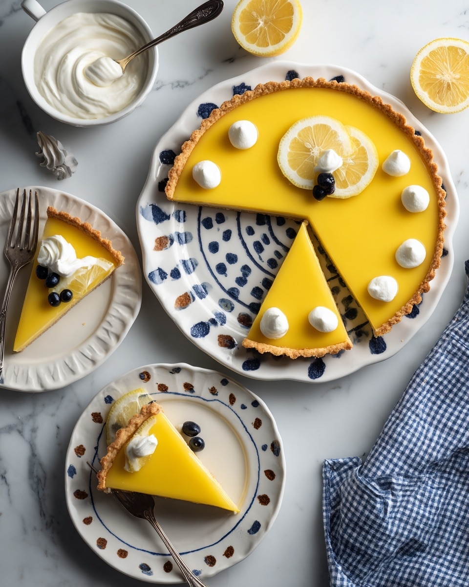 A lemon tart is shown with eight slices on a white plate with blue and green paint-like patterns around the edge. The tart has a golden brown crust holding a smooth, bright yellow lemon filling. Four of the slices have a small dollop of white cream on top. One slice is removed from the tart and placed on a smaller white plate to the left, also topped with a dollop of cream, accompanied by a few dark berries. A bowl of white cream with a spoon is above the smaller plate. The setting features a white marbled surface and a blue checkered cloth on the right side. Photo taken with an iphone --ar 4:5 --v 7