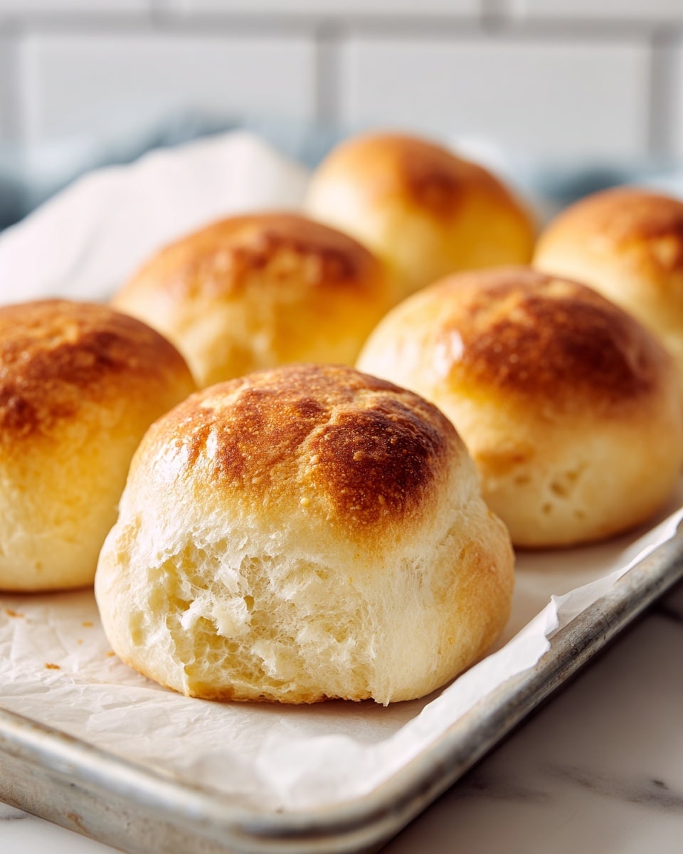 Seven golden brown cloud-like bread rolls with a light, airy texture are placed on white baking paper that lines a metal tray. The rolls have slightly cracked, puffy tops with a soft crumb visible in the cracks. The tray rests on a white marbled surface, and the background shows clean white subway tiles. The image has a soft-focus depth effect with the nearest roll clearly detailed and the rest gradually blurred in the distance. photo taken with an iphone --ar 4:5 --v 7