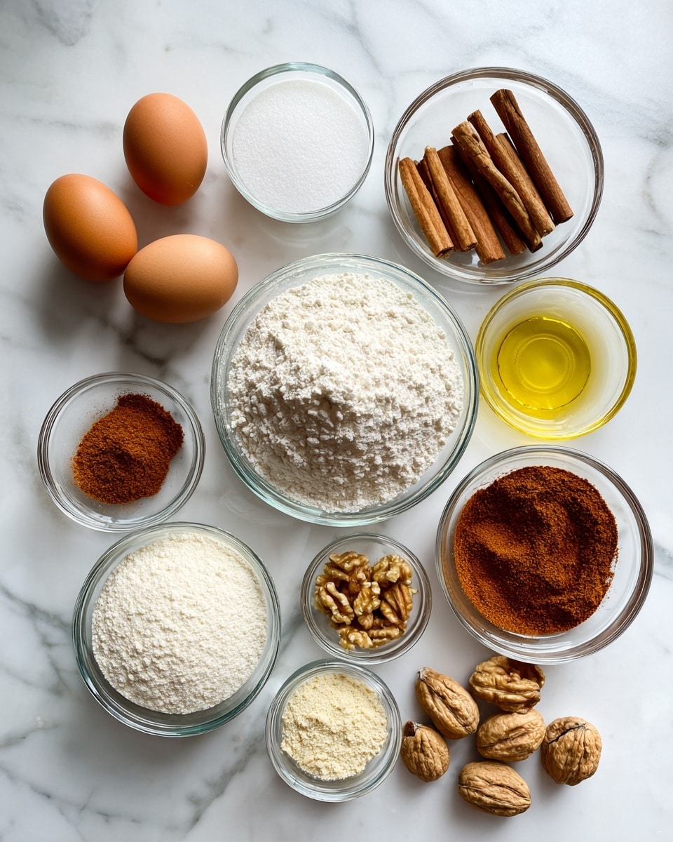 The image shows a top view of several clear glass bowls and three brown eggs arranged on a white marbled surface. In the center is a small mound of white flour. Around the flour are glass bowls containing a white solid (likely shortening), white flour, dark reddish-brown ground spice (likely cinnamon), a darker brown spice with cinnamon sticks, a white powder, golden yellow oil, walnuts, and a small pile of off-white flour or meal. The three eggs are placed vertically on the left side of the flour mound. The composition is clean and evenly spaced, with soft natural lighting. Photo taken with an iphone --ar 4:5 --v 7