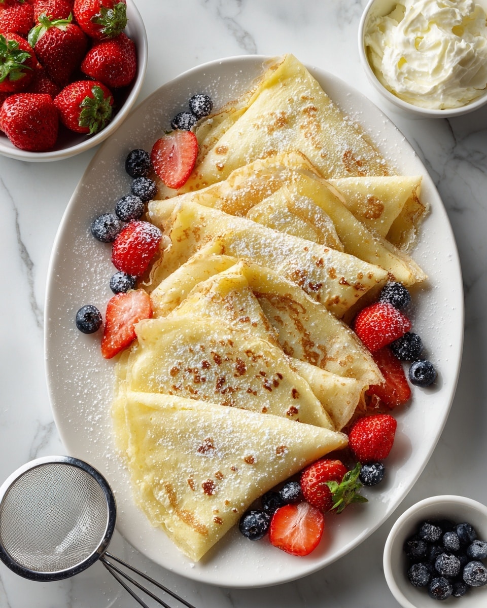 Three light golden crepes are folded into triangles, filled with white fluffy cream that peeks out at the edges. They are dusted with powdered sugar and arranged on a white plate with raised floral patterns along the rim. Bright red strawberries, some whole and some sliced, are placed around the crepes. A silver fork rests partly under one crepe on a white marbled surface, and a bowl of extra cream is visible in the top right corner. Photo taken with an iphone --ar 4:5 --v 7