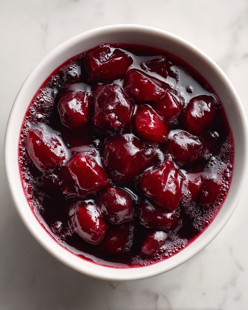 A close-up view of a white bowl filled with a dark red, thick liquid containing large chunks of soft, dark red fruit suspended in the syrupy liquid. The liquid has a glossy, slightly foamy surface with small bubbles scattered across. The fruit pieces are irregular in shape and densely packed within the deep red syrup that looks rich and smooth. The background is a white marbled texture. photo taken with an iphone --ar 4:5 --v 7