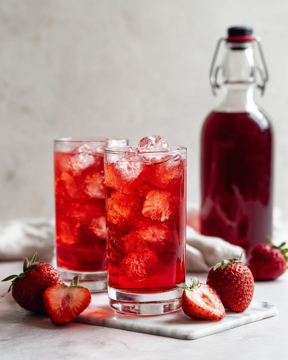 The image shows two tall clear glasses filled with bright red strawberry juice with ice cubes inside. In front of the glass on the right, there is a small pile of fresh red strawberries, some whole and some sliced in half, showing their juicy inside. To the left side of the glasses, there is a glass bottle filled with the same red juice. All the items are placed on a white marbled surface with a light beige blurry background. Photo taken with an iphone --ar 4:5 --v 7