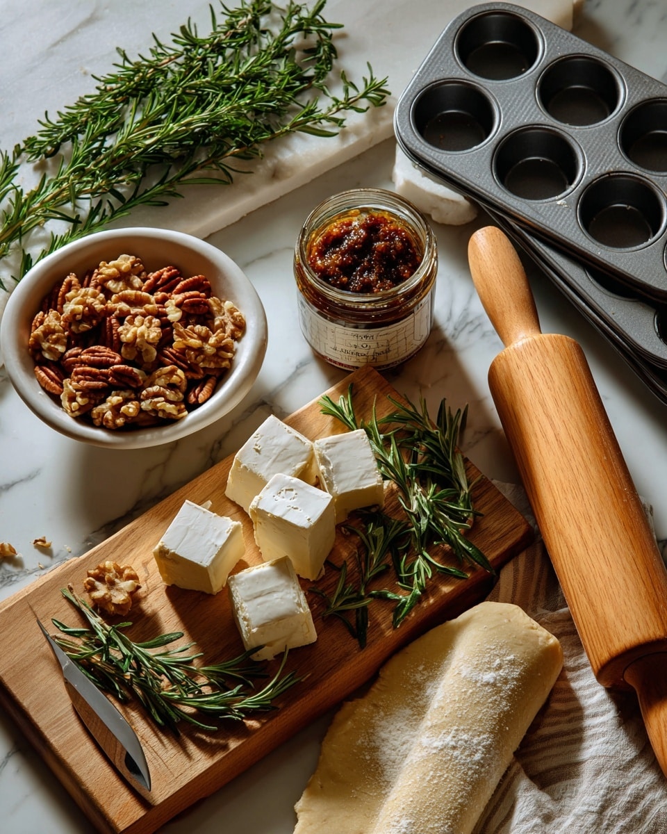 A small white bowl filled with mixed nuts including pecans and walnuts sits near a wooden cutting board holding a soft white cheese block with a few cut white cubes next to a knife with a white handle. A jar of fig spread with a silver lid is positioned slightly tilted on the white marbled surface beside fresh sprigs of green rosemary. To the right, an unrolled sheet of pale dough dusted lightly with flour lies next to a wooden rolling pin with a light handle. In the top right corner, a metal muffin tin with empty round cavities rests partially on a beige and white striped cloth. photo taken with an iphone --ar 4:5 --v 7