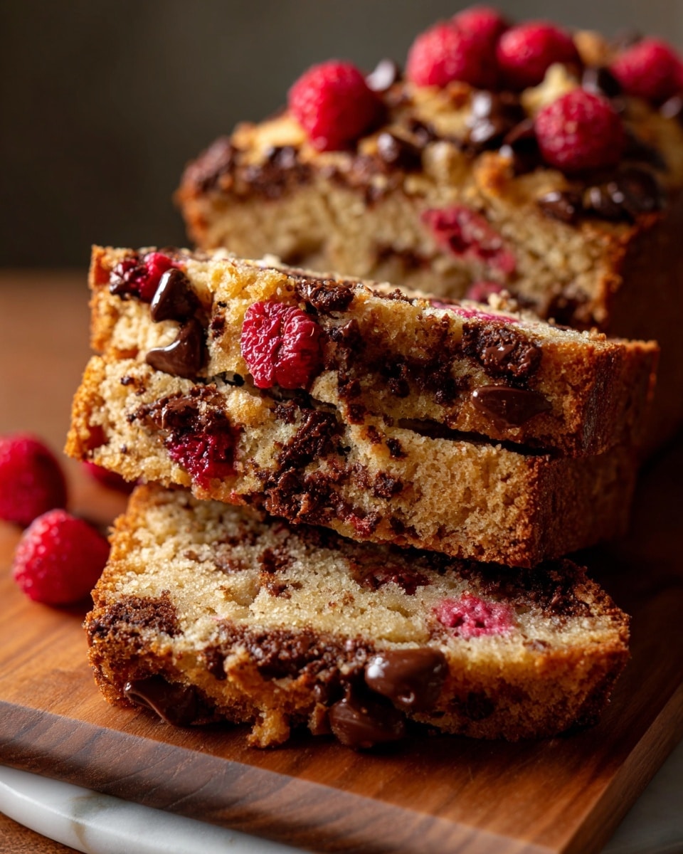 A thick slice of moist cake is shown close up on a wooden board with a white marbled surface background. The cake has two layers with a light brown color and visible red bits of raspberries and dark brown chocolate chips mixed inside. The top layer has more chocolate chips and whole raspberries embedded, making the surface uneven and textured with soft cracks and bumps. The exposed inside of the cake has a dense yet soft texture with specks of red and brown spread throughout. Photo taken with an iphone --ar 4:5 --v 7