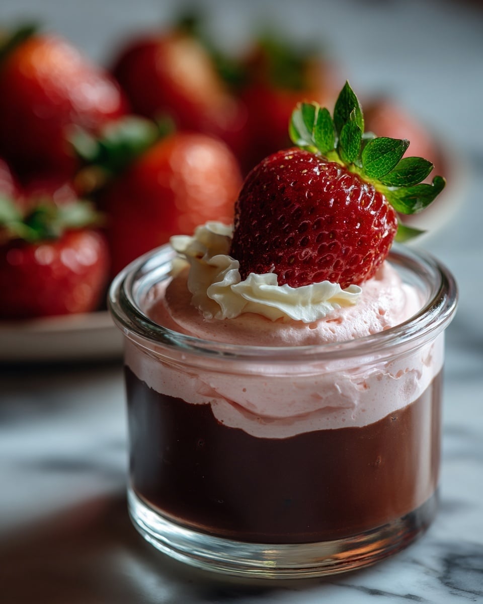 The image shows a glass jar filled with a dark brown liquid as the bottom layer, topped with a thick, creamy light pink foam layer that slightly overflows the jar's rim. A fresh, bright red strawberry with green leaves is placed on the foam near the jar's edge. In the blurred background, there are more strawberries on a white marbled surface. The photo taken with an iphone --ar 4:5 --v 7