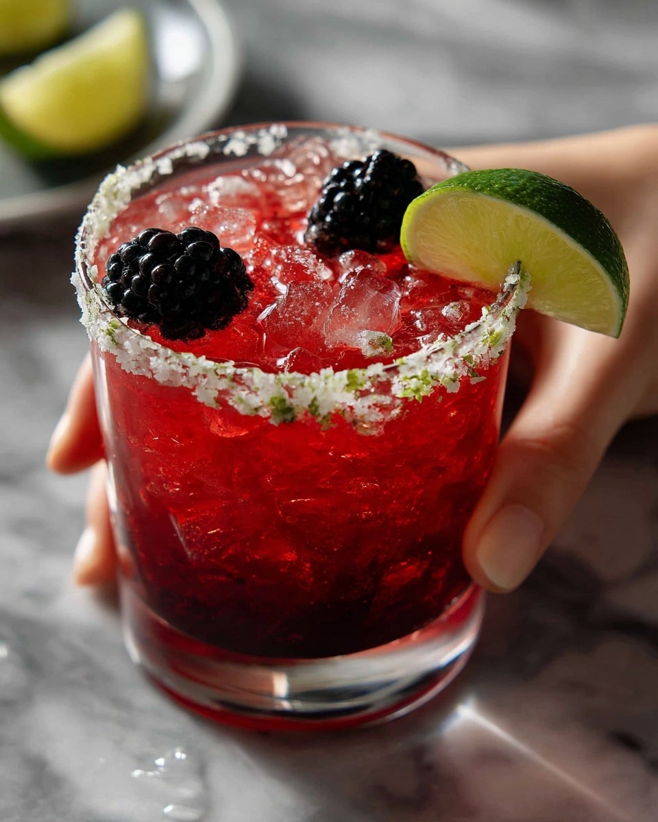 A close-up view of a clear glass filled with bright red drink and crushed ice. The drink has two large blackberries floating near the top and a shiny green lime wedge placed on the side of the glass rim. The rim of the glass is coated with a layer of crushed salt and lime zest. A woman's hand is holding the glass from the sides. The background is a white marbled texture with some water droplets around. photo taken with an iphone --ar 4:5 --v 7