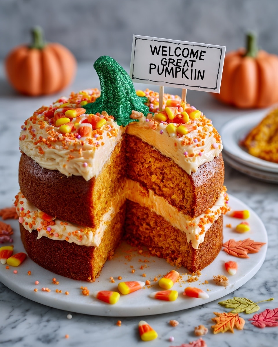 The image shows a two-layer round cake shaped like a pumpkin placed on a white marbled surface. The cake has a dark brown color and a rough textured surface that looks soft and moist. Between the two layers is a thin spread of light brown filling. The top layer is decorated with thick orange frosting that flows down in large drips around the cake edges, sprinkled with small round orange sprinkles. On top at the center, a tall green textured piece resembling a pumpkin stem stands upright. photo taken with an iphone --ar 4:5 --v 7