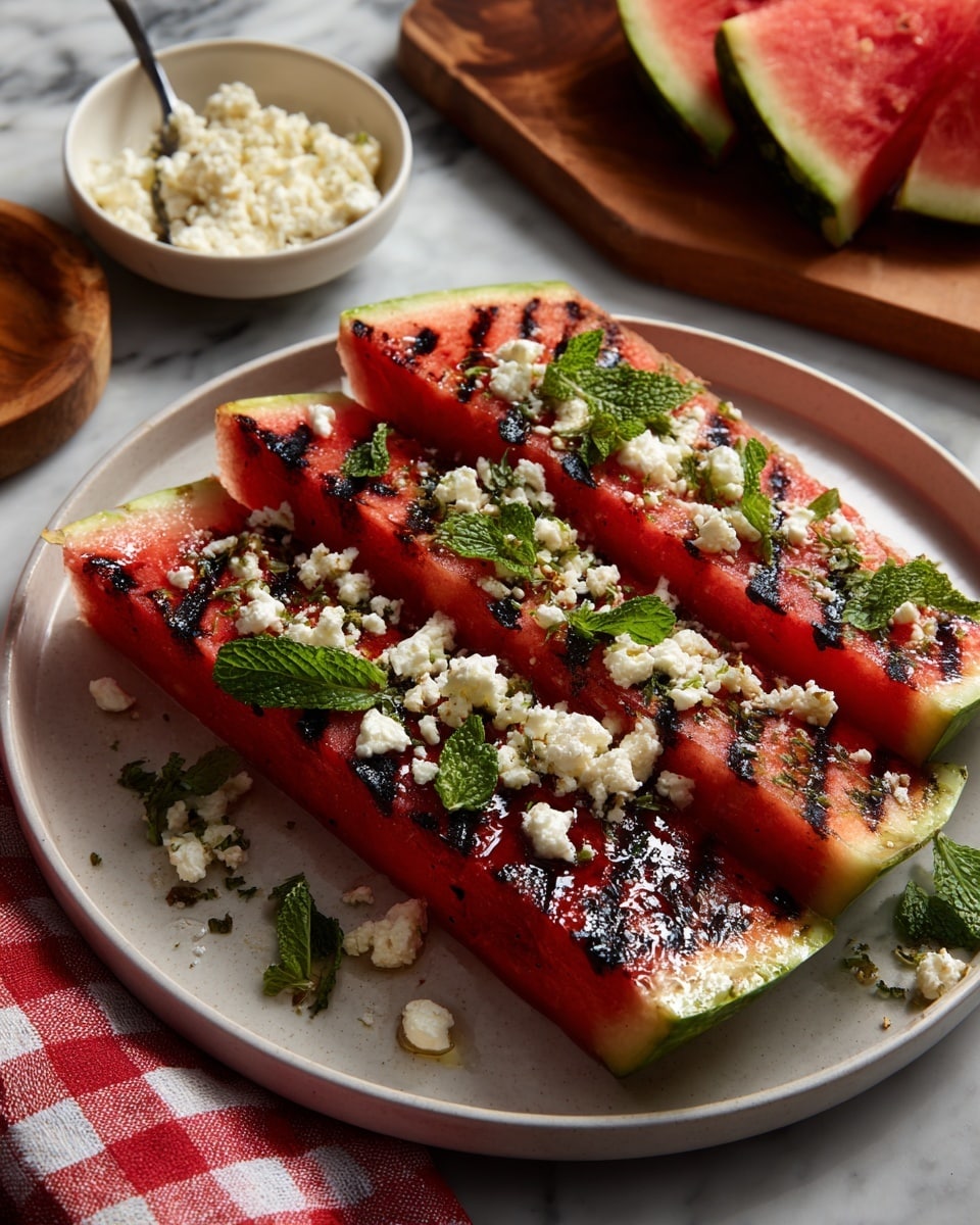 Three slices of grilled watermelon with dark grill marks are arranged on a round white plate. The watermelon slices have bright red flesh with black seeds and green rind edges. White crumbled cheese is sprinkled on top of each slice along with small pieces of green mint leaves scattered for garnish. The plate is on a white marbled surface next to a red and white checkered cloth and a small white bowl filled with more crumbled cheese. A wooden cutting board with an additional large slice of watermelon sits nearby. Photo taken with an iphone --ar 4:5 --v 7