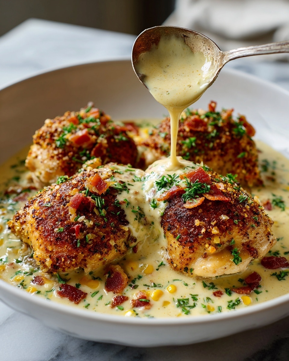 The image shows three golden brown, seasoned cooked chicken pieces in a white bowl filled halfway with creamy white sauce. The sauce has small yellow corn pieces and bits of crispy red bacon sprinkled throughout. Fresh green herbs are scattered on top of the chicken, adding a touch of color. A spoon is pouring more thick, creamy sauce over the chicken, emphasizing the rich texture. The background is a white marbled surface. photo taken with an iphone --ar 4:5 --v 7