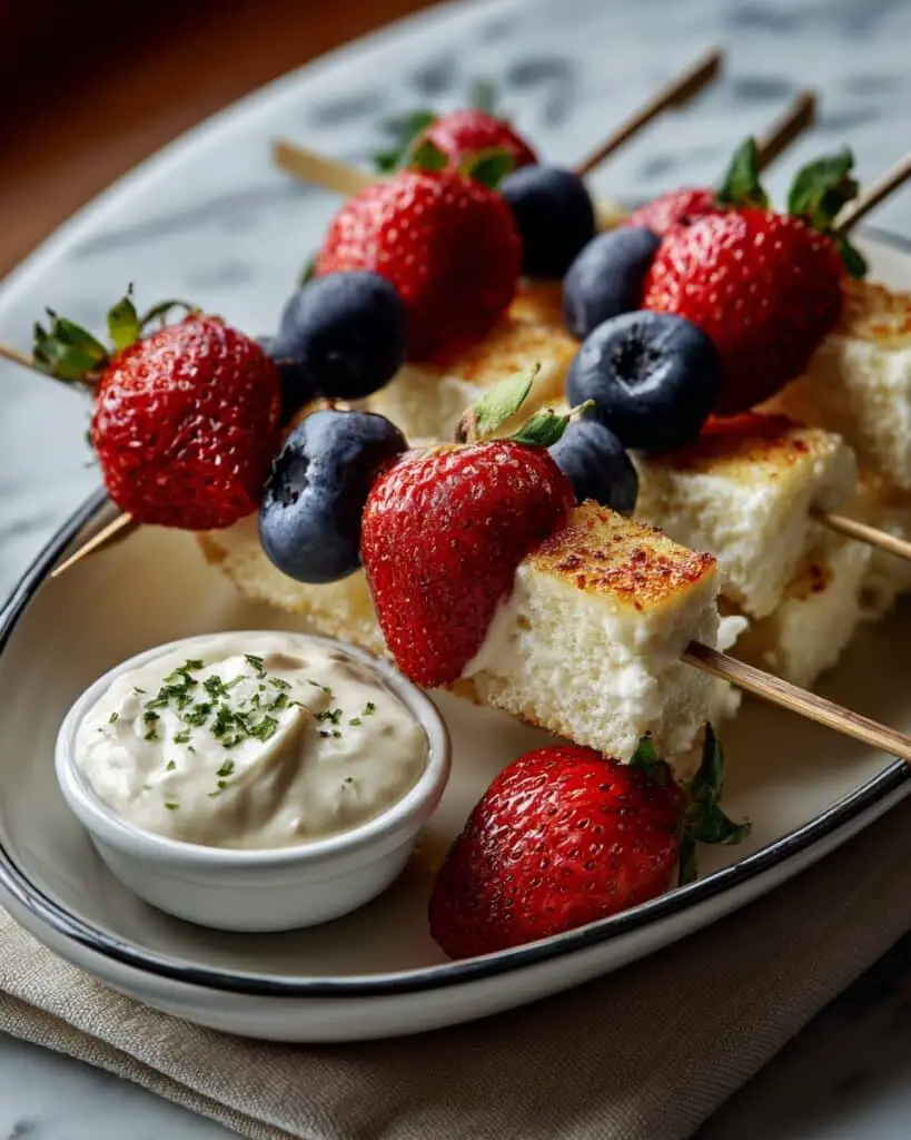 Red, White, and Blue Fruit Skewers with Cheesecake Yogurt Dip Recipe