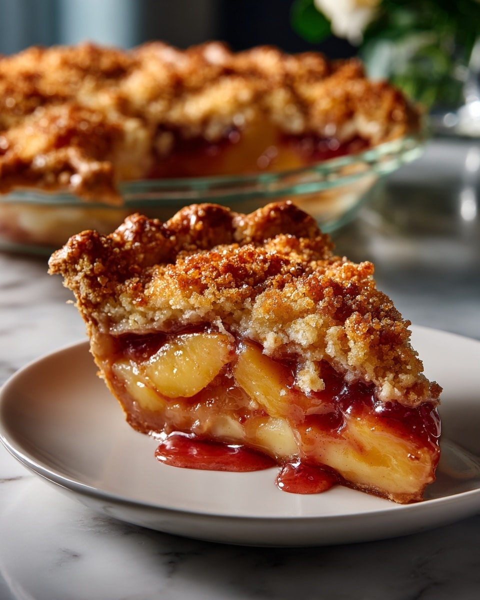 A slice of peach pie sits on a white plate with a white marbled surface underneath. The pie has two layers: a golden brown, flaky top crust sprinkled with coarse sugar crystals, and a thick layer of glossy peach filling underneath, showing large soft peach pieces in a rich amber syrup that slowly oozes out from the side. In the background, a whole peach pie with a similar golden crust is partially visible in a glass pie dish. photo taken with an iphone --ar 4:5 --v 7