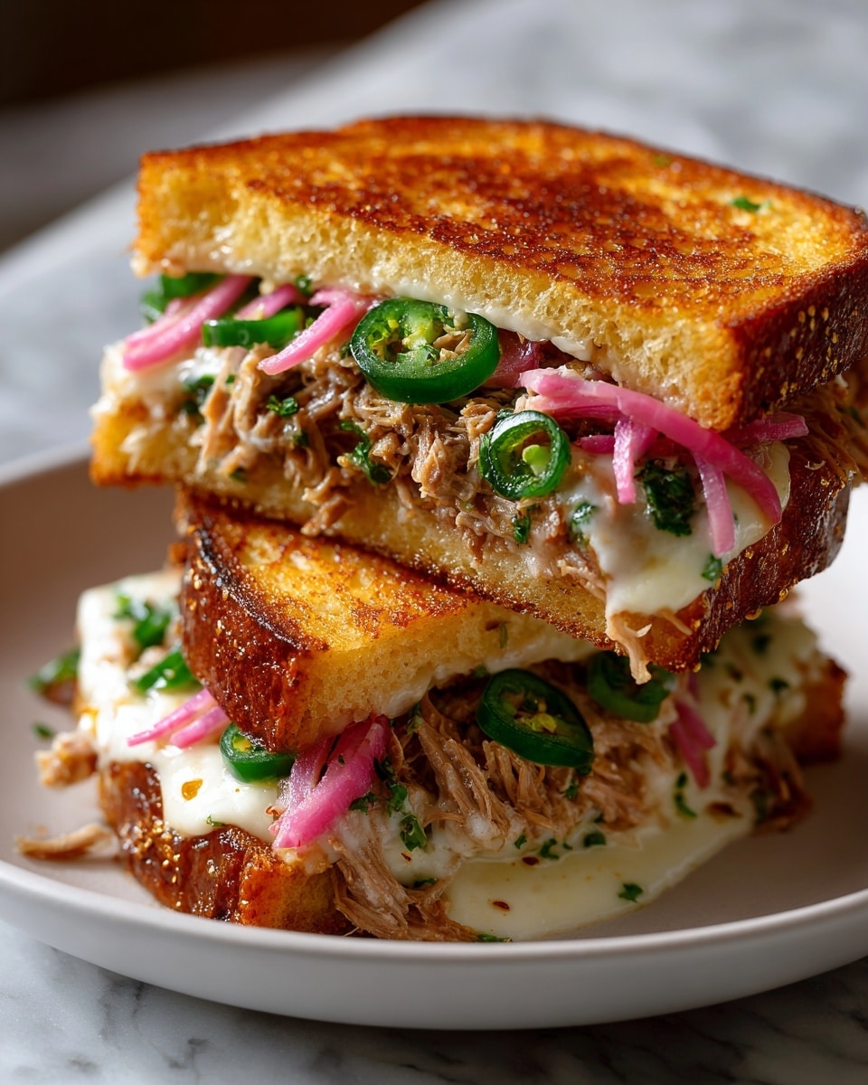 A sandwich is stacked in two halves on a white plate over a white marbled surface. The sandwich has three layers of toasted golden brown bread with grill marks on the top layer. Between the bread layers, there is a thick, juicy layer of shredded brown meat at the bottom, topped with bright green pickle slices and thin slices of light purple onions. There is also melted white cheese that looks soft and slightly oozing at the edges. The sandwich appears warm, with some small crumbs and pieces scattered on the plate around it. In the background, there are blurred jars filled with pickled green items and bright pink slices. photo taken with an iphone --ar 4:5 --v 7