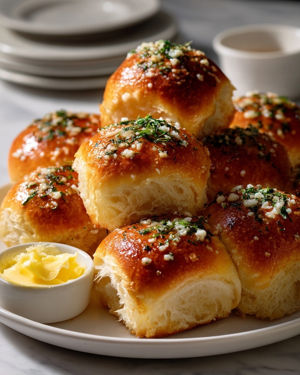 The image shows a group of seven golden brown dinner rolls with a shiny, glazed top sprinkled with white garlic bits and green herbs. The rolls are soft and fluffy, sitting closely together on a round white plate that rests on a white marbled surface. In front of the plate, there is a small white bowl containing a dollop of pale yellow butter. The background is blurred, with a stack of white plates faintly visible. photo taken with an iphone --ar 4:5 --v 7