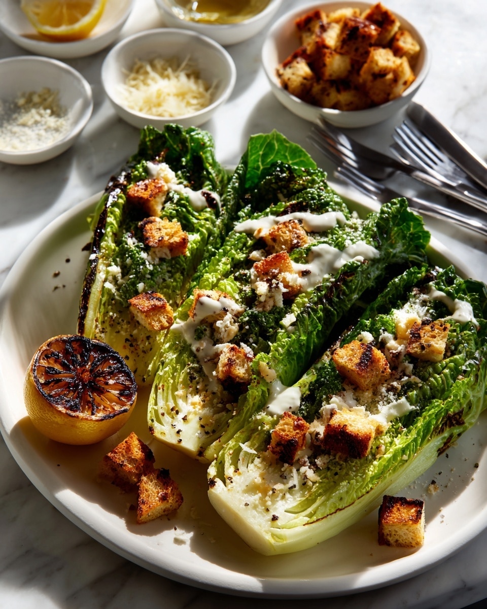 A white plate with green spots holds two halves of grilled romaine lettuce with dark grill marks on the surface. The lettuce is topped with small, square, golden-brown croutons and light, creamy dressing drizzled unevenly across it. To the left of the lettuce is a grilled lemon half with charred edges and some creamy dressing on top. A fork with creamy dressing drops on it rests at the right edge of the plate. The plate sits on a wooden board placed on a white marbled surface. Photo taken with an iphone --ar 4:5 --v 7