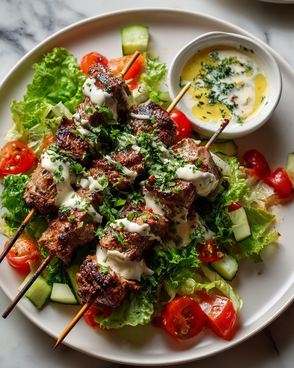 A white plate holds five grilled meat skewers arranged in a fan shape from the bottom left to the top right, each skewer drizzled with white sauce that adds contrast to the browned, textured meat. Underneath and around the skewers, there is a bed of green leafy herbs mixed with chopped red tomato pieces and white cucumber slices, adding fresh color and texture to the dish. To the left of the plate, a small white bowl contains a creamy white sauce speckled with green herbs. The whole scene rests on a white marbled surface photo taken with an iphone --ar 4:5 --v 7