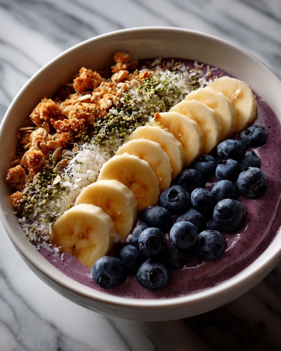 A white bowl filled with a light purple smoothie base topped with a row of sliced banana pieces in the center. On one side of the banana slices, there is a cluster of fresh dark blue blueberries. On the other side, there is a mix of light brown granola, chopped nuts, chia seeds, and white coconut flakes. The bowl is placed on a white marbled texture surface. photo taken with an iphone --ar 4:5 --v 7