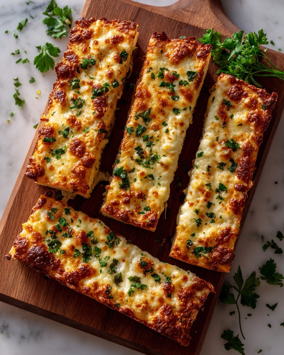 The image shows a white rectangular flatbread pizza sliced into six long pieces arranged on a wooden board. The flatbread has a light golden brown crust with a fluffy, soft texture visible under the surface. The top layer is covered with melted cheese that is golden and slightly browned in spots. Small bits of chopped green herbs are scattered evenly on top of the cheese, adding color contrast. The board is placed on a white marbled surface, and a grey striped cloth is visible in the background. Photo taken with an iphone --ar 4:5 --v 7