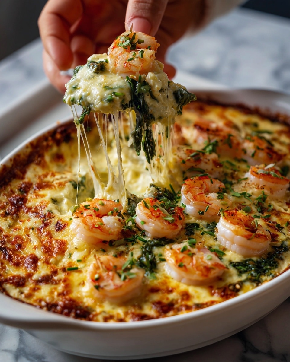 A white ceramic dish filled with a creamy baked shrimp casserole. The base layer is a rich, bubbly white sauce with browned edges. On top, there are many plump shrimp with a light pink and white color, scattered evenly. Green herbs are sprinkled all over, adding small bursts of color. The cheese layer is melted and stretchy, shown being lifted by a woman's hand, pulling threads of melted cheese with some spinach leaves visible beneath the shrimp. The dish rests on a white marbled surface. photo taken with an iphone --ar 4:5 --v 7