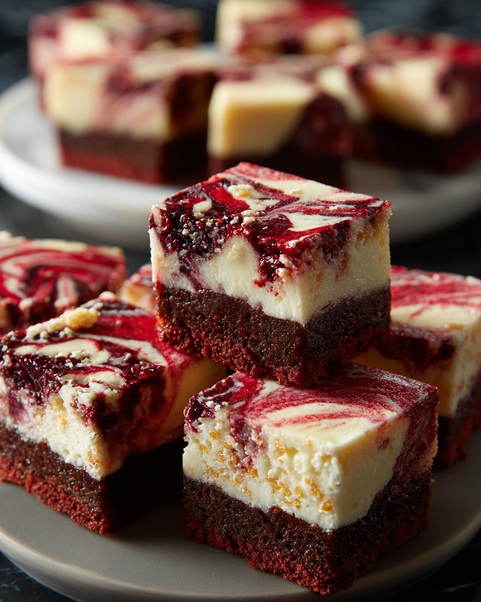 The image shows several square pieces of red velvet cheesecake brownies arranged closely together on a dark wooden surface. Each brownie has two distinct layers: a dark red textured bottom layer and a creamy white marbled top layer with swirls blending the two colors in an artistic pattern. The edges of the brownies are clean and sharp, showing even thickness. photo taken with an iphone --ar 4:5 --v 7