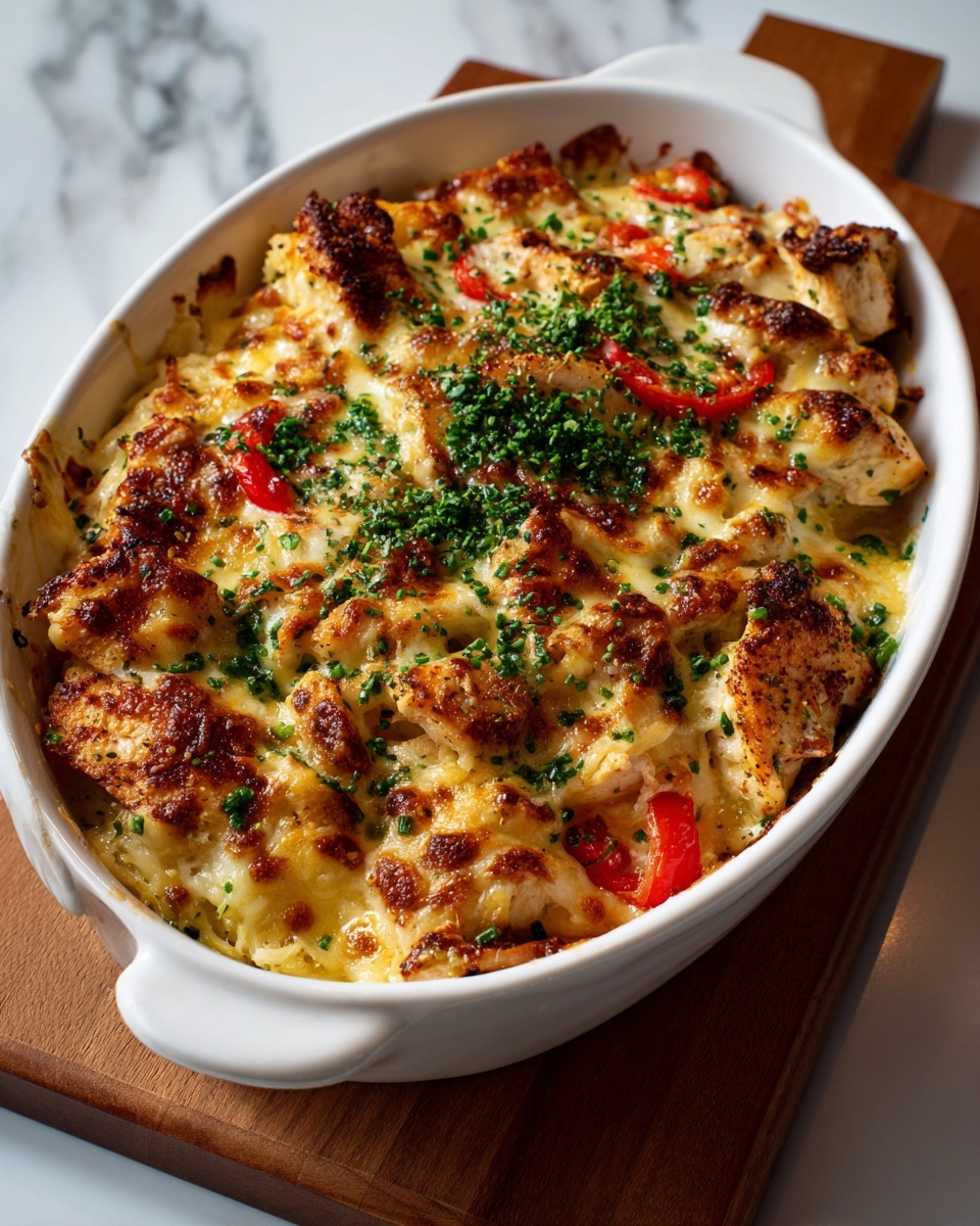 The dish is in a white oval baking dish on a wooden board, placed on a white marbled surface. It has three visible layers: the bottom layer is cooked chicken pieces with a light brown color mixed with red and yellow bell pepper strips. The middle layer is a generous amount of melted cheese that is golden brown in some spots, covering the chicken and peppers evenly. The top layer is sprinkled with chopped green herbs scattered across the cheesy surface. The cheese has a bubbly, slightly browned texture that looks warm and inviting. photo taken with an iphone --ar 4:5 --v 7