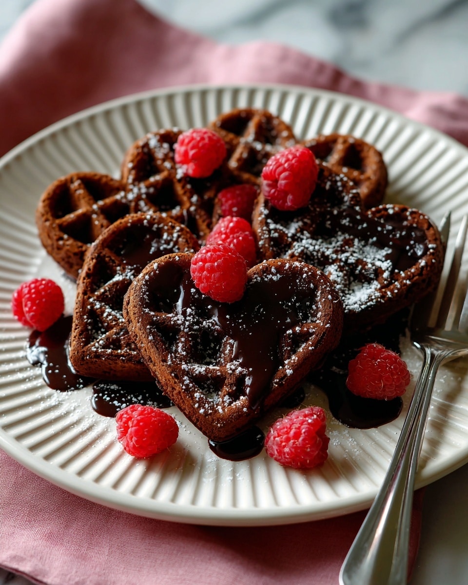 Five heart-shaped waffles are arranged in a circle on a white plate with a ridged texture. The waffles are dark brown and dusted lightly with powdered sugar, giving a soft white contrast. Rich, smooth chocolate sauce is drizzled over the waffles, pooling slightly in places and creating a shiny finish. Bright red raspberries, some whole and placed on top of the waffles and others beside them on the plate, add a fresh pop of color. The plate sits on a soft pink cloth over a white marbled surface, with a silver fork and knife to the right side. Photo taken with an iphone --ar 4:5 --v 7