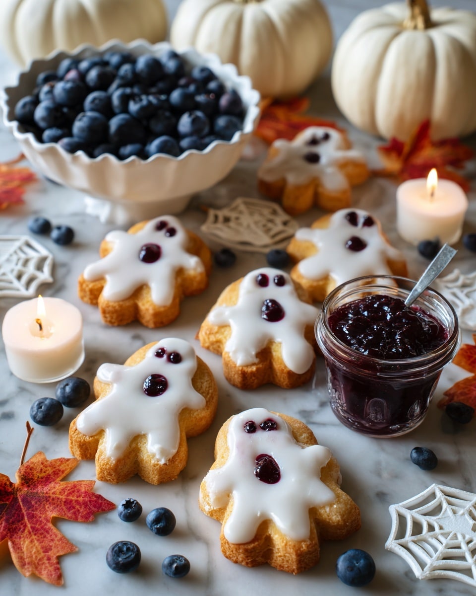 The image shows four ghost-shaped pastries with a smooth white glaze layer on top, each having two small round dark blueberry eyes and a larger round blueberry mouth in the center. The pastries have a light golden-brown crust visible beneath the glaze. They are arranged on a white marbled surface decorated with white lace spider web doilies and orange and red autumn leaves scattered around. There are also two lit white tea light candles on the surface adding a warm glow. A small white bowl with dark blueberry filling and whole blueberries is placed near the top left corner. The scene includes white pumpkins in the upper left and lower right corners. Photo taken with an iphone --ar 4:5 --v 7